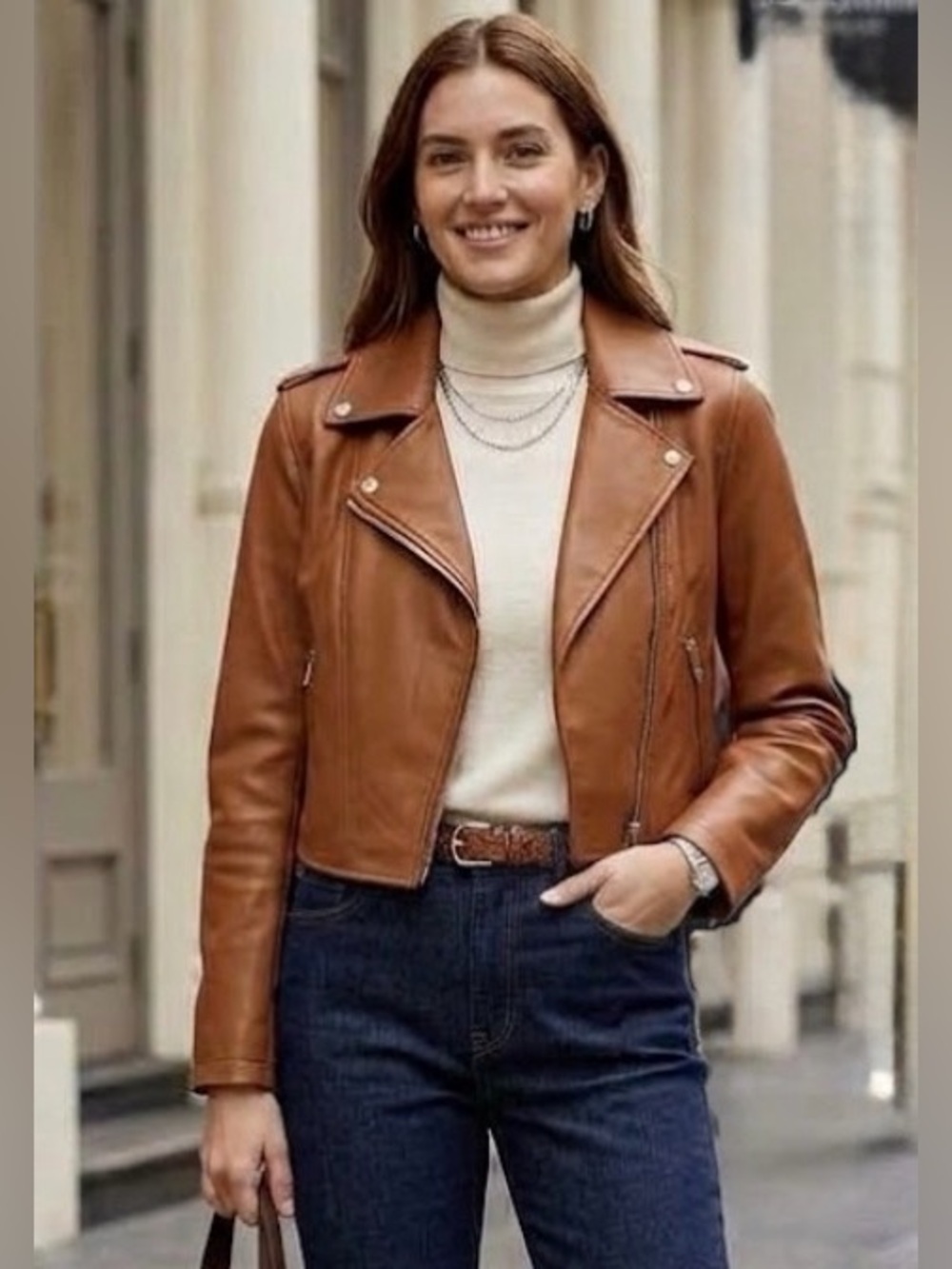 7 For All Mankind Cognac Cropped Vegan Leather Moto Jacket